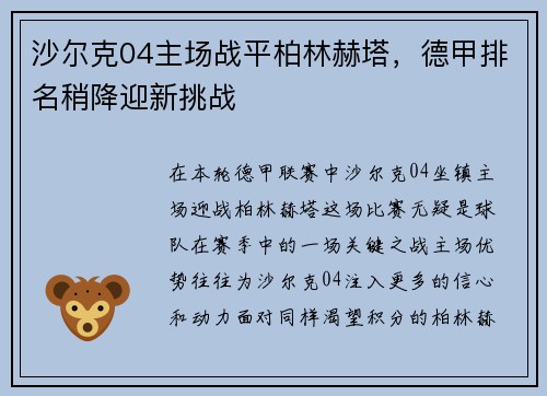 沙尔克04主场战平柏林赫塔，德甲排名稍降迎新挑战